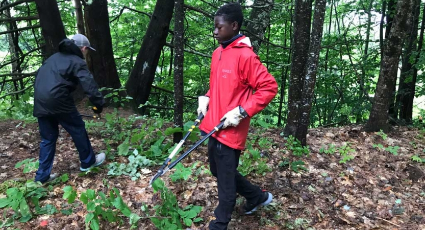 A person uses tools in a wooded area during a service project